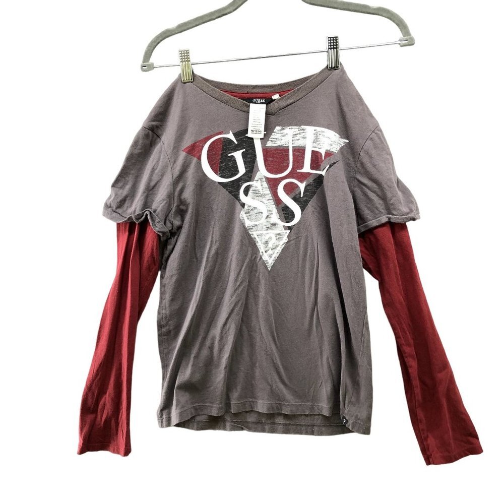 Guess Youth Boys 12-14 Long Sleeve Graphic T Shirt Gray Layered Cotton
